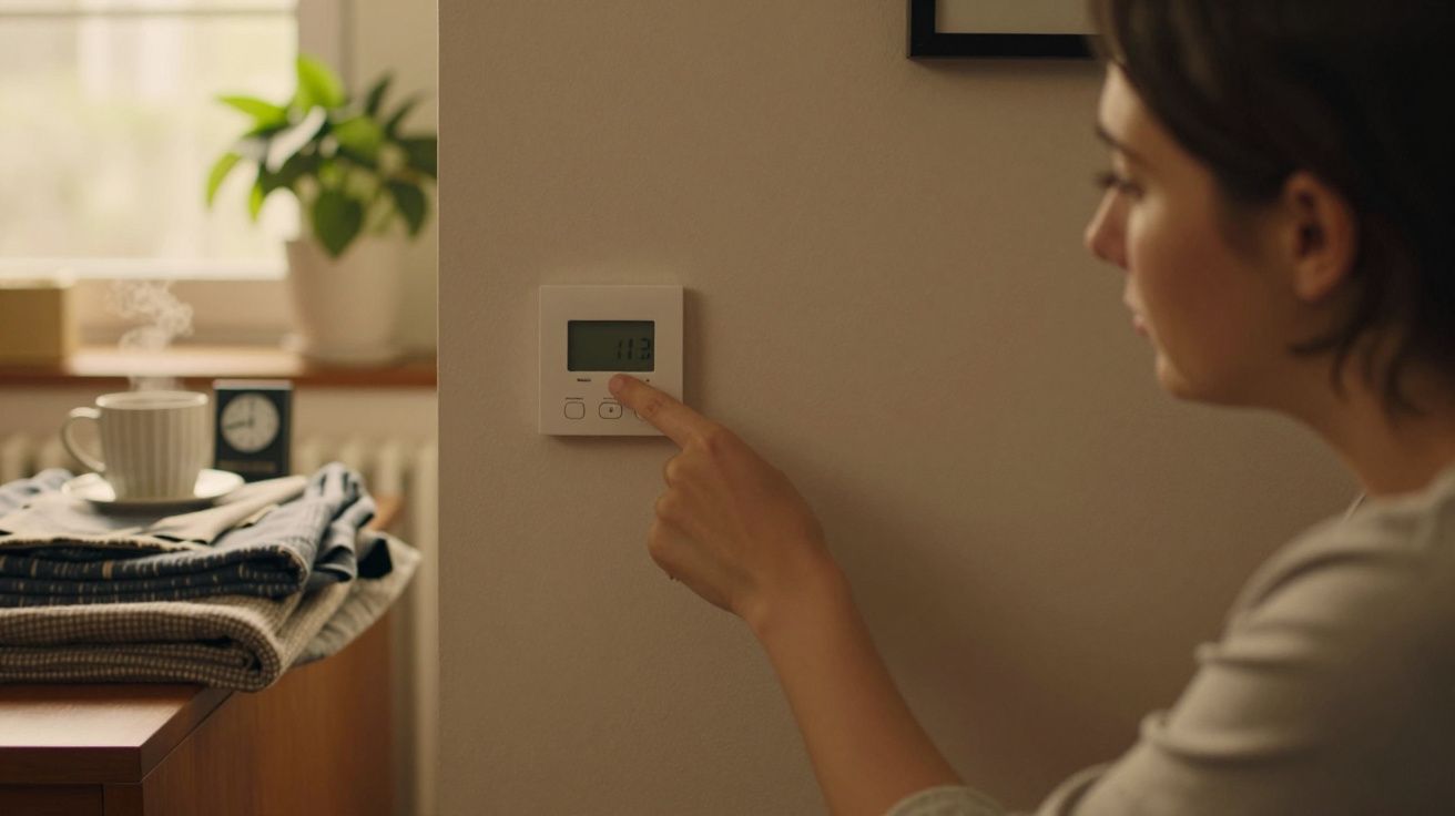 Pessoa ajusta termostato na parede; ao fundo, mesa com chávena, relógio e plantas.