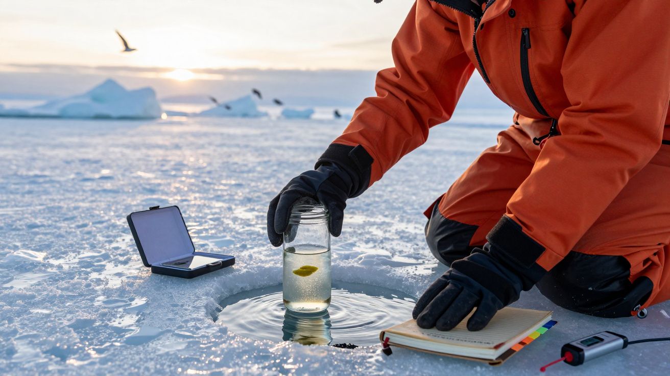 Investigador recolhe amostra de água do buraco no gelo, anota num caderno ao pôr-do-sol, Arco-Ártico ao fundo.