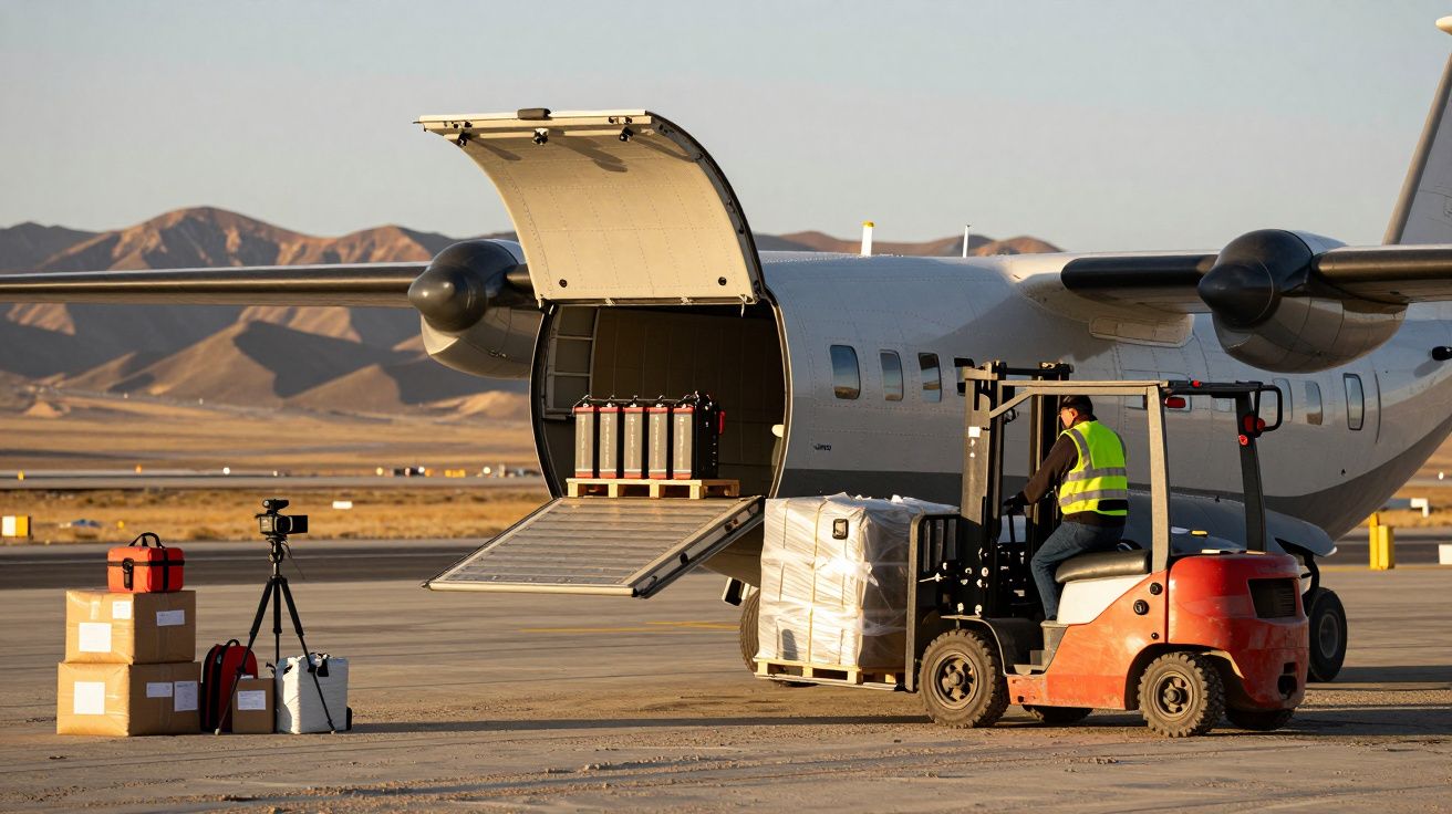 Avião de carga com porta traseira aberta, empilhadora a carregar paletes, montanhas ao fundo.