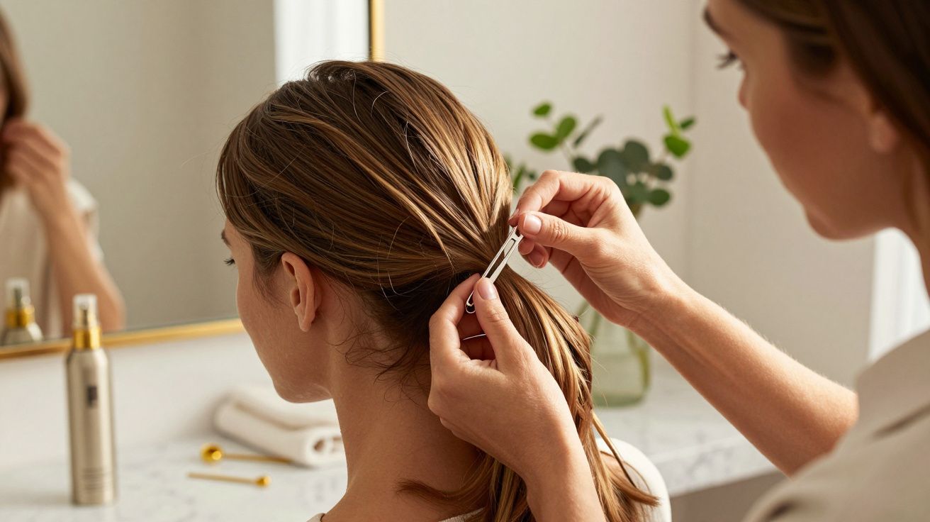 Mulher a prender o cabelo com um gancho em frente ao espelho numa casa de banho bem iluminada.