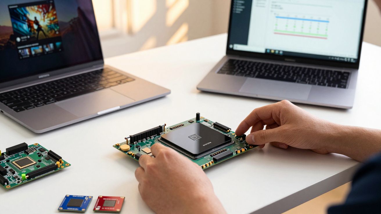 Pessoa a montar um circuito integrado numa mesa com dois portáteis ao fundo.