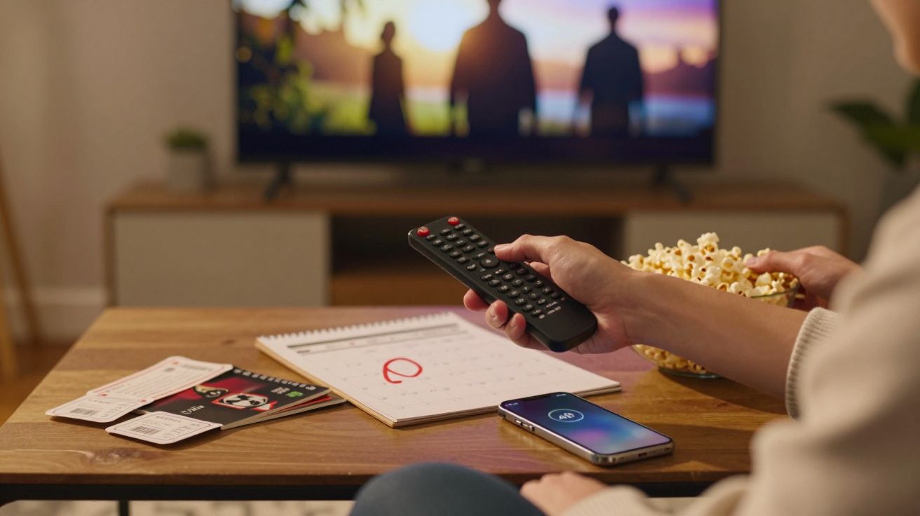 Pessoa com comando na mão, pipocas, bilhetes e calendário numa mesa, televisão ligada ao fundo.