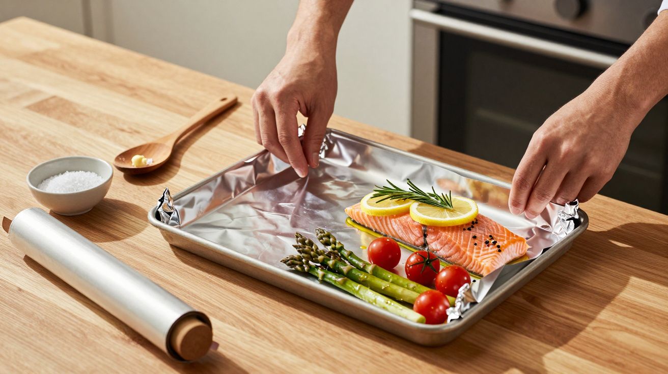 Mãos preparando salmão com espargos e tomate numa travessa coberta de papel alumínio numa cozinha.