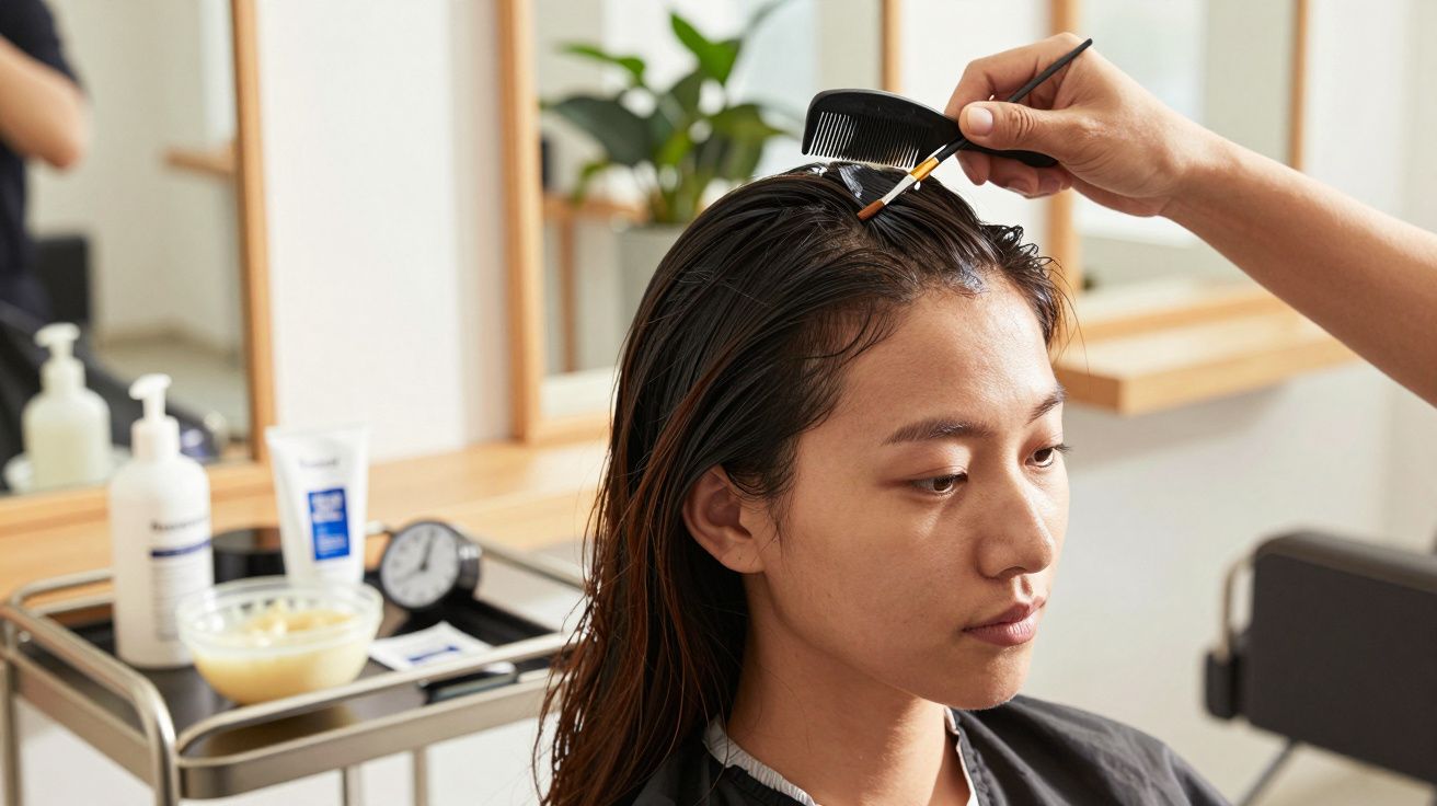 Mulher num cabeleireiro a receber tratamento capilar com pincel e pente. Produtos capilares estão numa mesa ao lado.