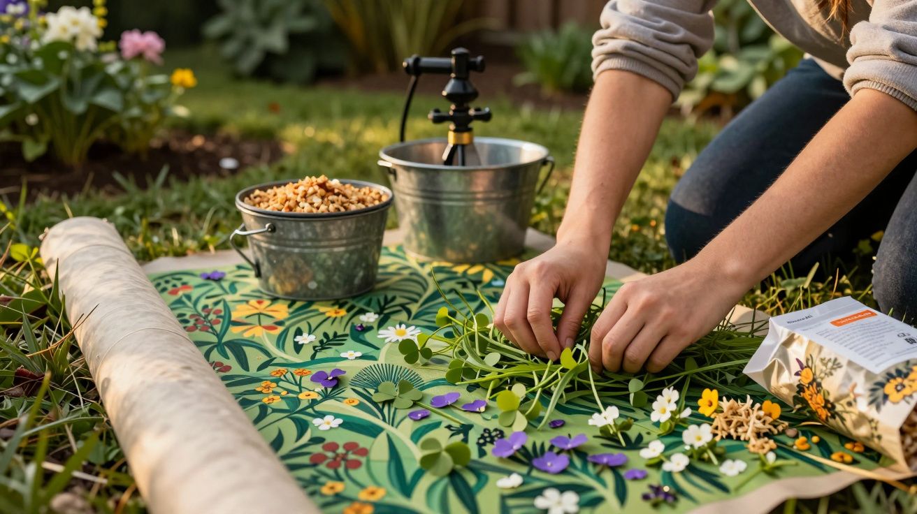Pessoa arranjando flores de papel num tapete colorido no jardim, com baldes de metal e regador ao fundo.