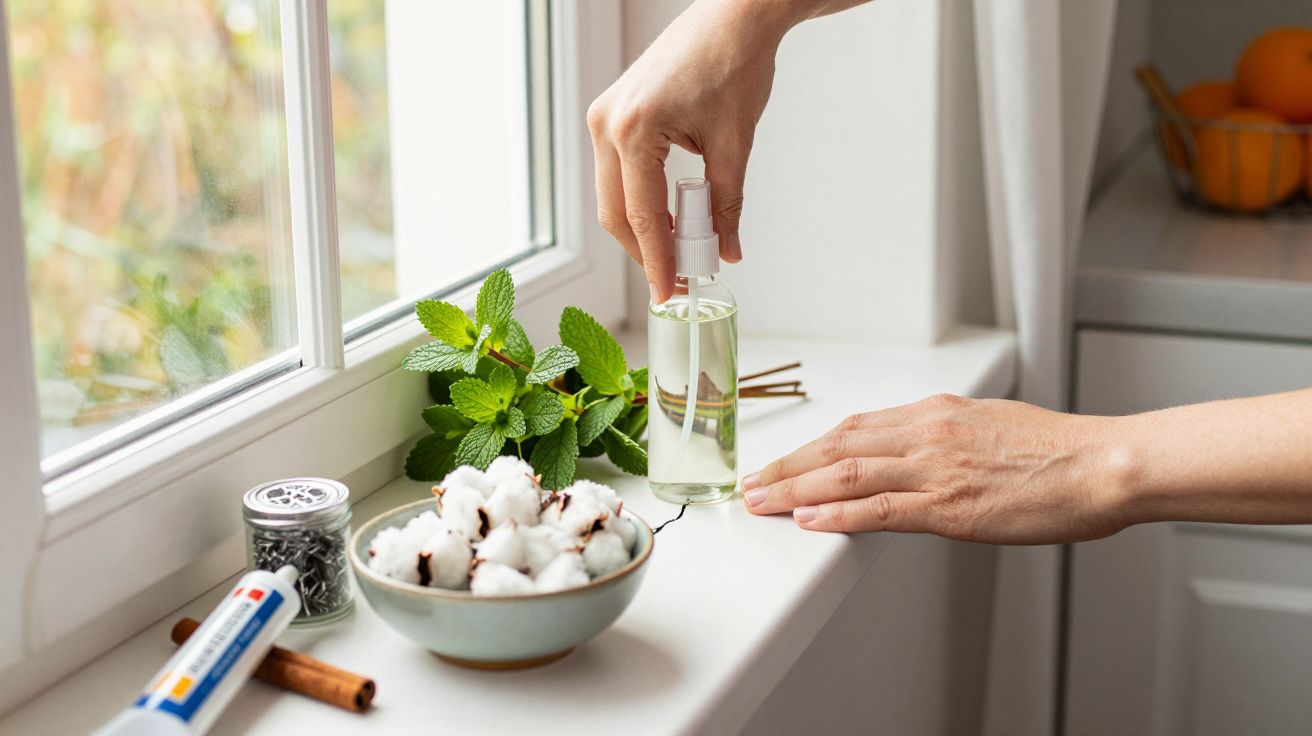Mãos organizando objetos numa janela: garrafa de spray, raminhos de menta, algodão, e especiarias.