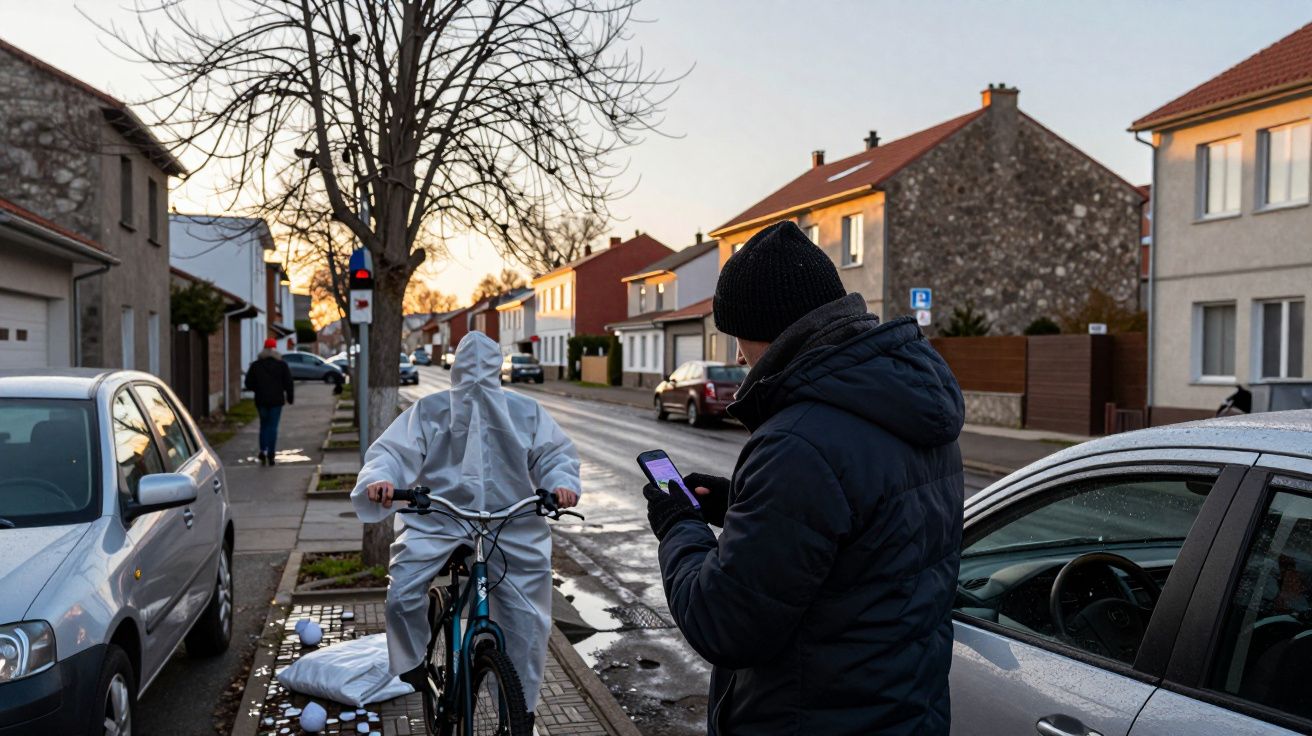 Pessoa de fato branco anda de bicicleta num bairro residencial, enquanto outra verifica o telemóvel.