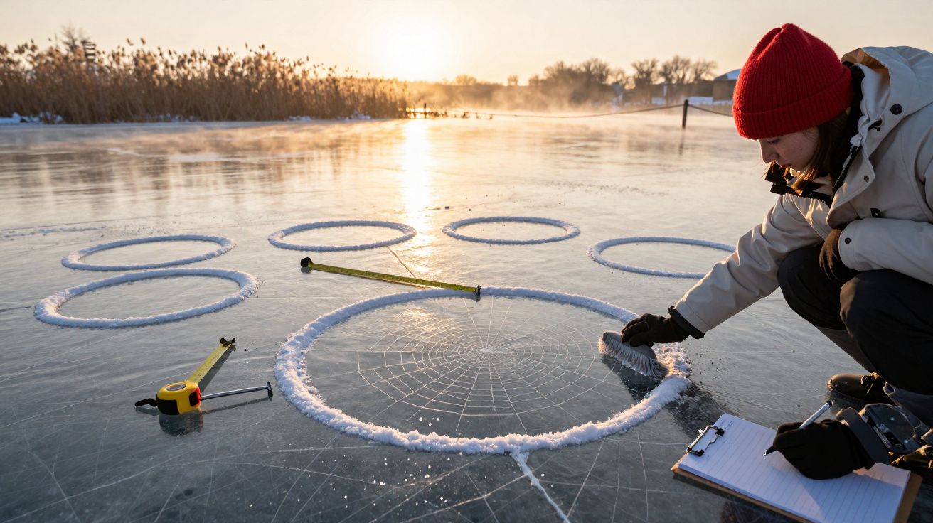 Pessoa em gelo medindo círculos desenhados com fita métrica. Sol a nascer e vegetação ao fundo.