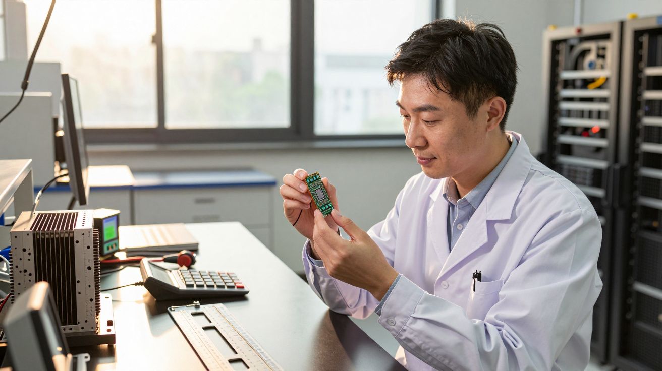 Homem de bata branca examina peça eletrónica num laboratório iluminado por luz natural.