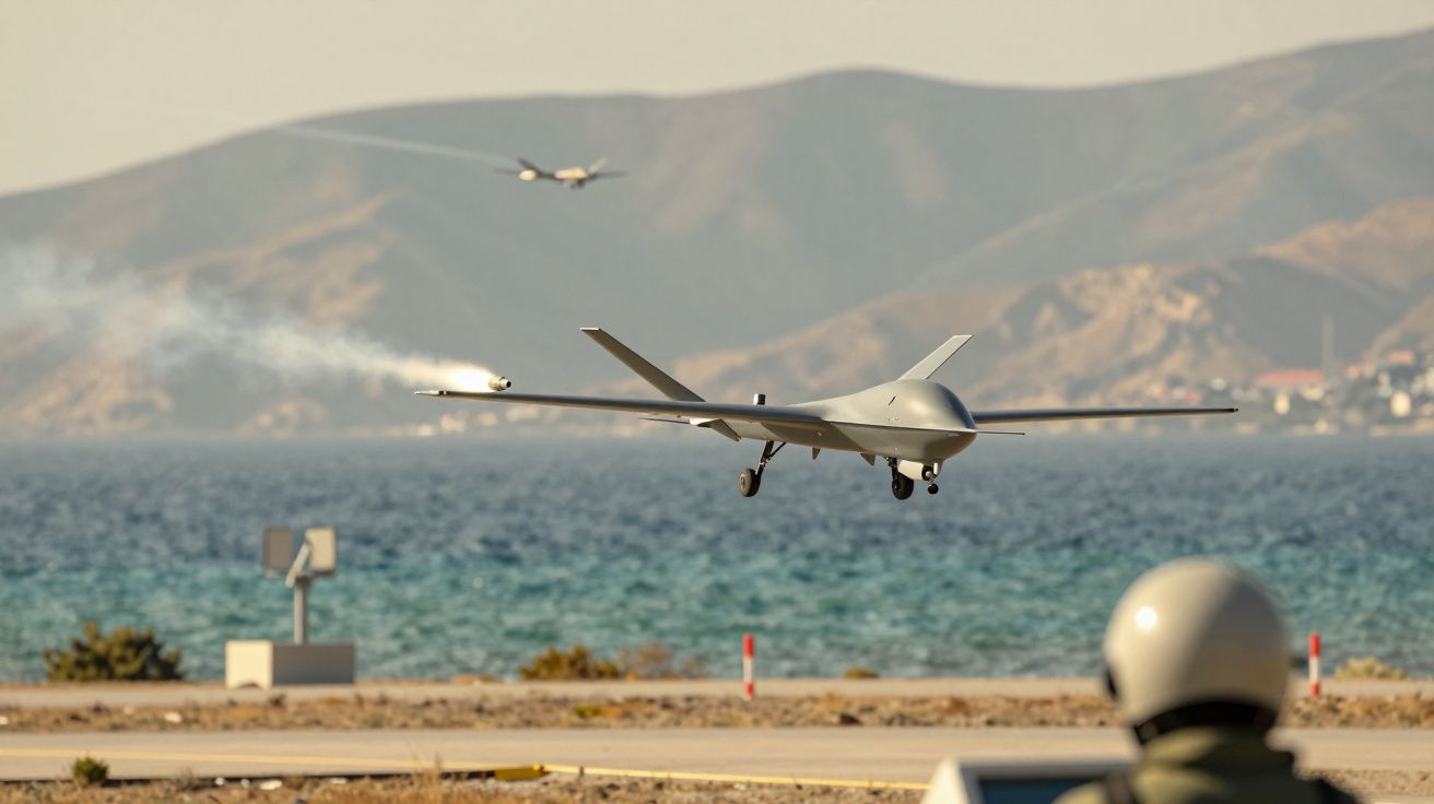Drone a descolar perto do mar com montanhas ao fundo e pessoa de capacete a observar.