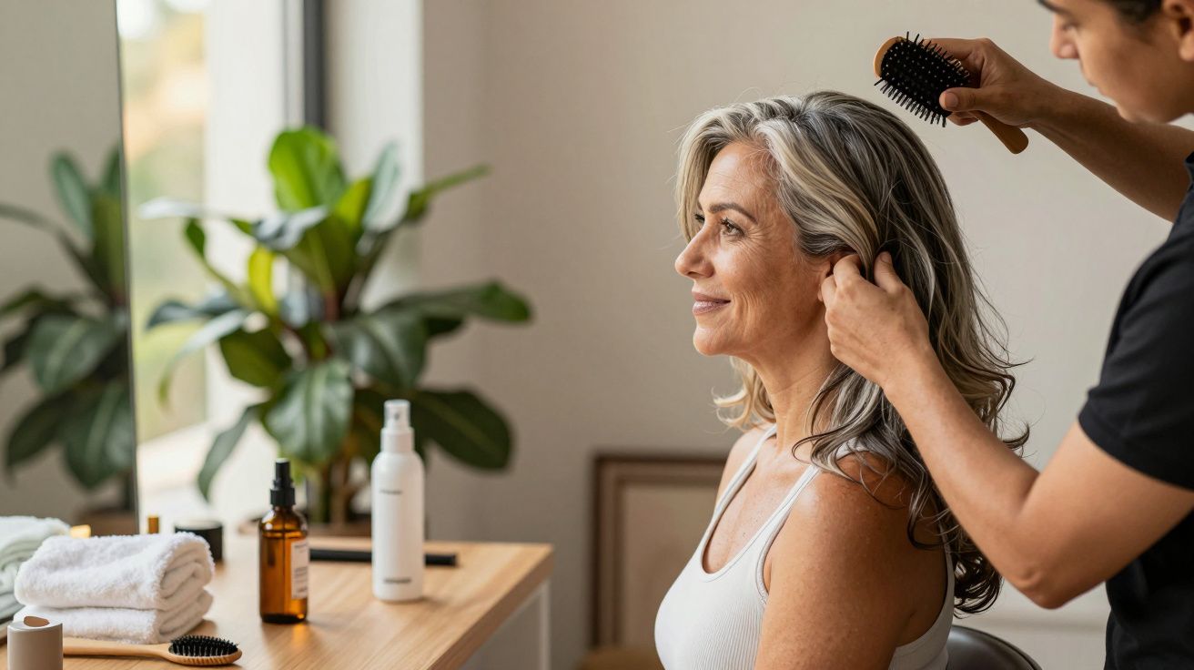 Mulher de cabelos grisalhos a ser penteada num salão, com plantas ao fundo e produtos de cabelo na mesa.