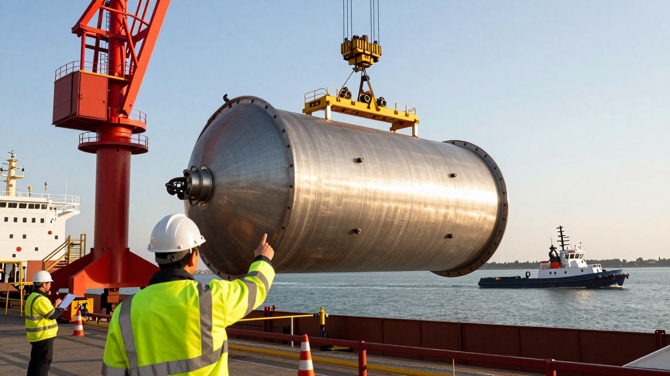 Grua levanta tanque metálico no porto, com trabalhadores de colete amarelo e barco ao fundo.