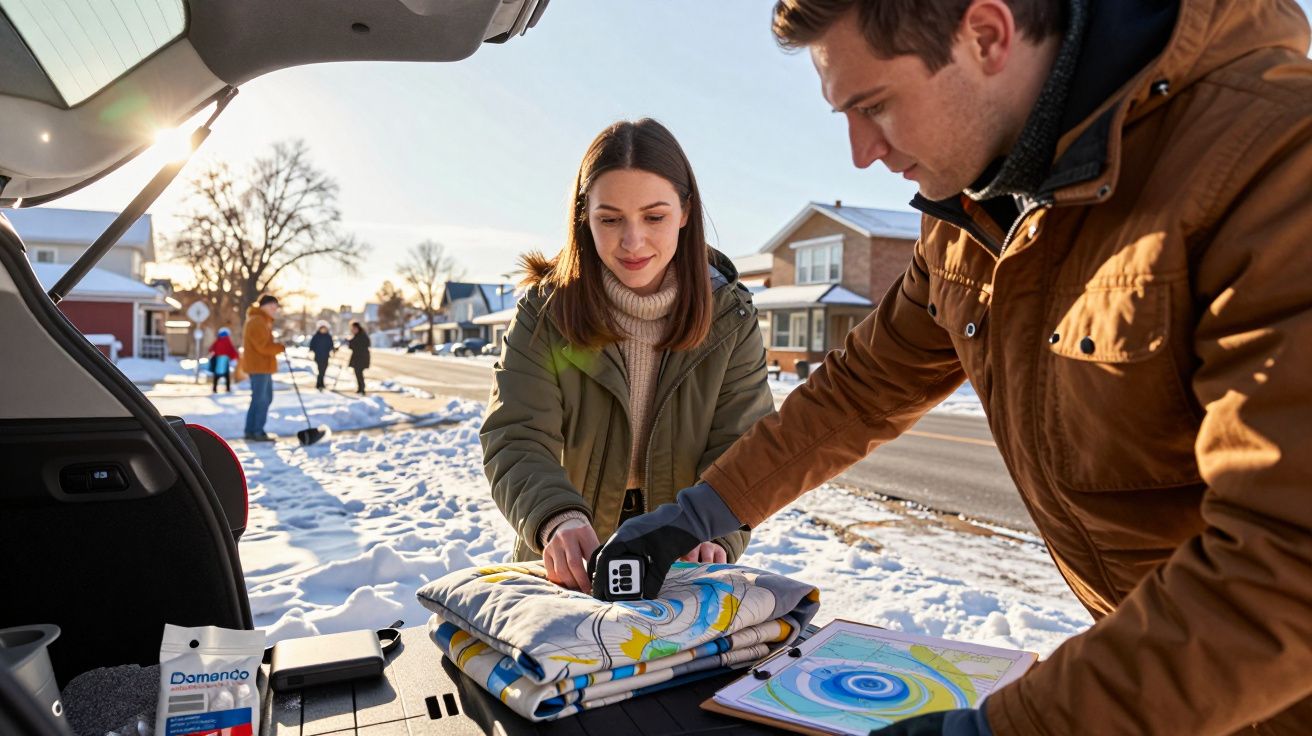 Duas pessoas organizam mapas e cobertores no porta-bagagens de um carro com neve ao fundo.