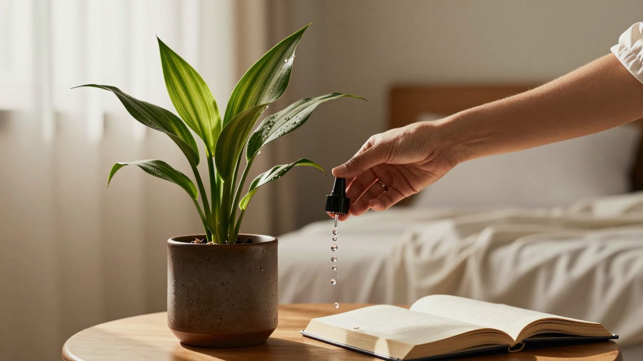 Mão a regar uma planta em vaso, com um conta-gotas, ao lado de um livro aberto numa mesa de madeira.