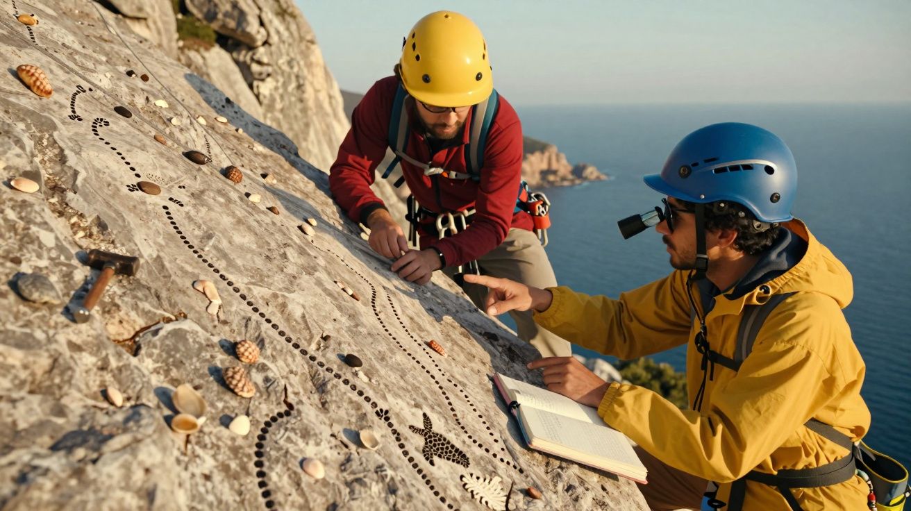 Dois homens com capacetes estudam fósseis em rochas à beira-mar.