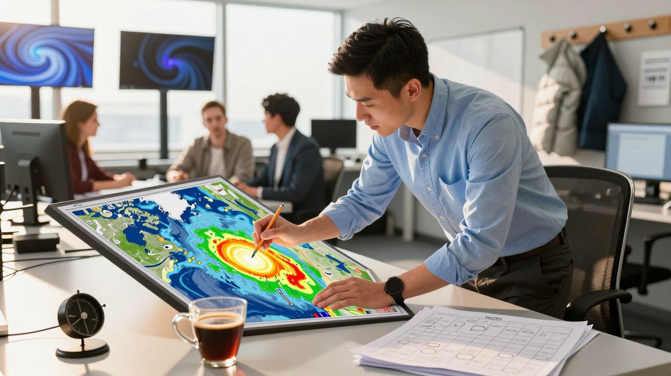 Homem analisa mapa meteorológico interativo em ecrã tátil, com colegas ao fundo em reunião num escritório moderno.