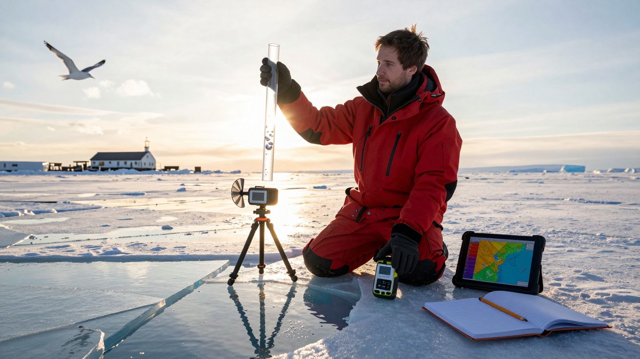 Cientista em roupa vermelha mede gelo no Ártico com tubos e equipamentos, enquanto anota dados num caderno ao sol.