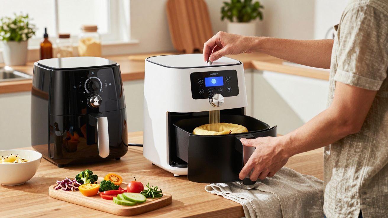 Pessoa utiliza fritadeira elétrica branca em bancada com legumes e outra fritadeira preta.