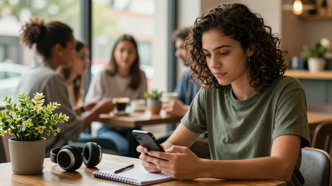 Mulher sentada em café olhando para o telemóvel, com caderno, planta e auscultadores na mesa. Pessoas ao fundo.