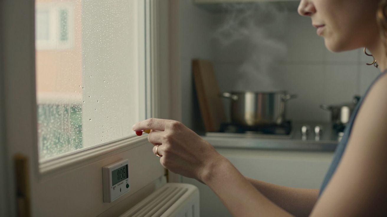 Mulher ajusta termóstato ao lado de uma janela embaciada, com uma panela a ferver no fogão ao fundo.