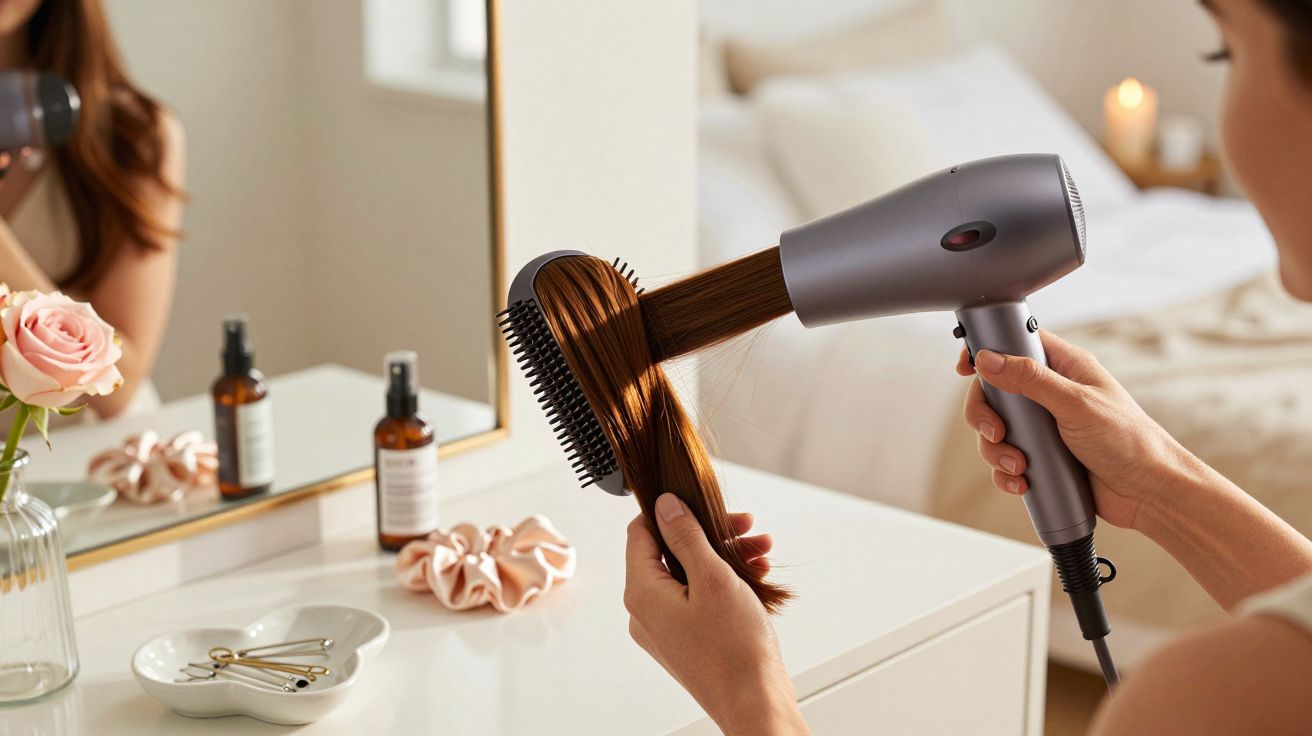 Mulher a secar cabelo castanho com secador e escova em frente a espelho num quarto bem iluminado.