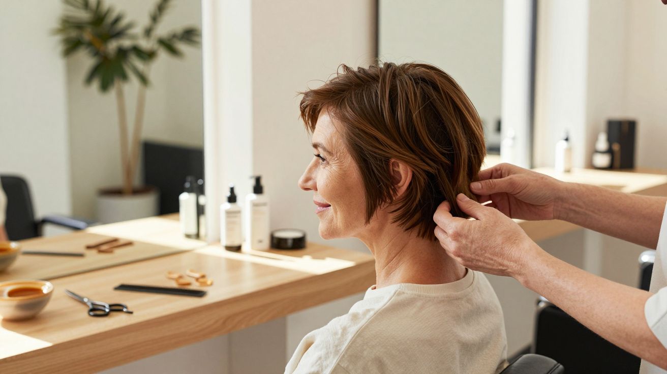 Mulher num cabeleireiro a ser penteada, sentada em frente a um espelho com produtos de cuidado capilar ao redor.