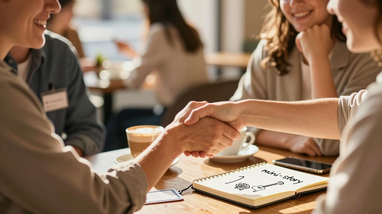 Dois indivíduos apertam as mãos sobre mesa de café, caderno com "Mini-story" e desenhos à frente.