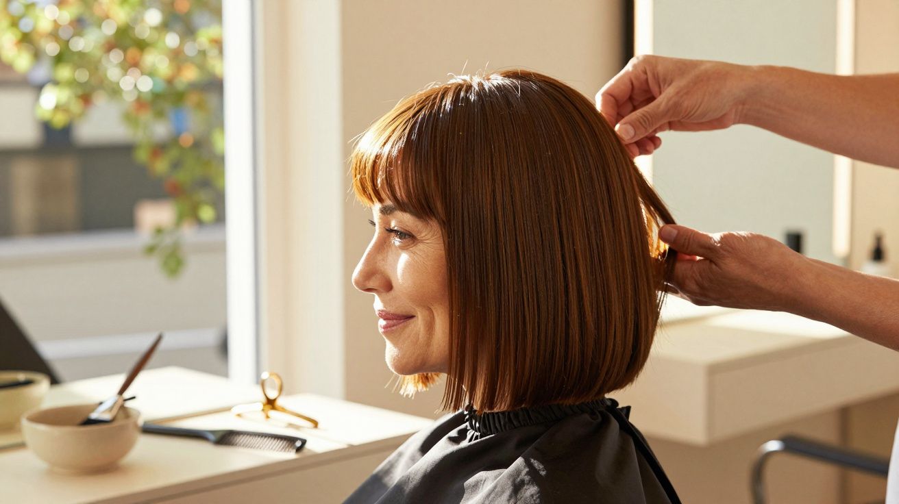 Mulher de cabelo castanho em corte bob a receber ajustes no salão de cabeleireiro, com luz suave entrando pela janela.