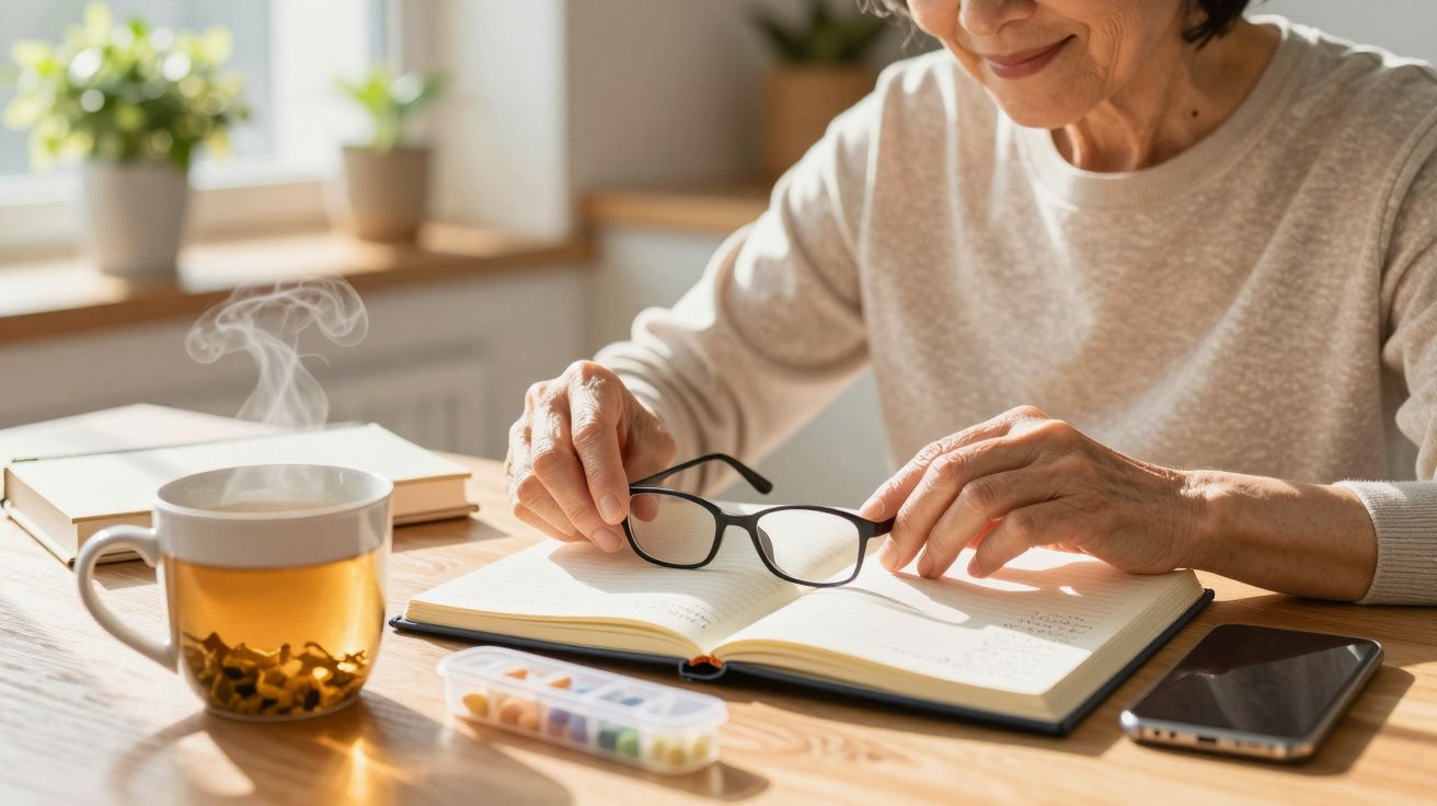Mulher segura óculos sobre caderno, com chá e caixa de comprimidos na mesa iluminada pelo sol.