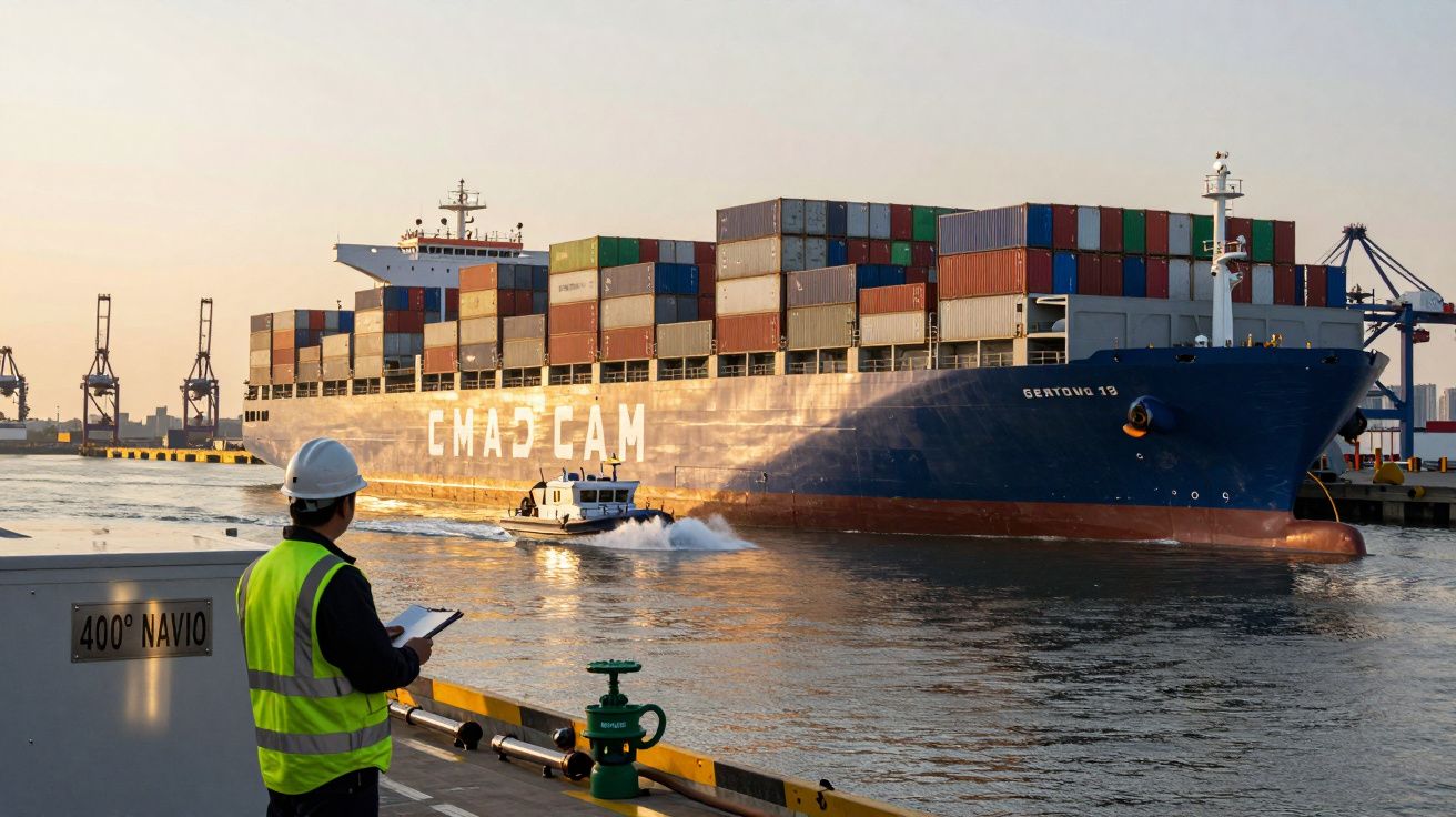Navio porta-contentores no porto ao pôr do sol, com um trabalhador de colete amarelo e capacete observando.