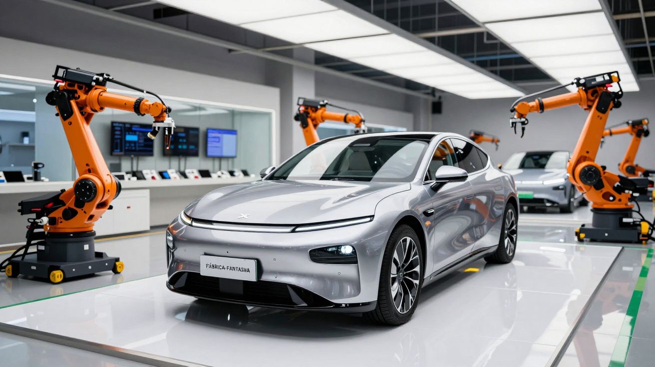 Carro prateado num centro de montagem automatizado com robôs industriais laranja.