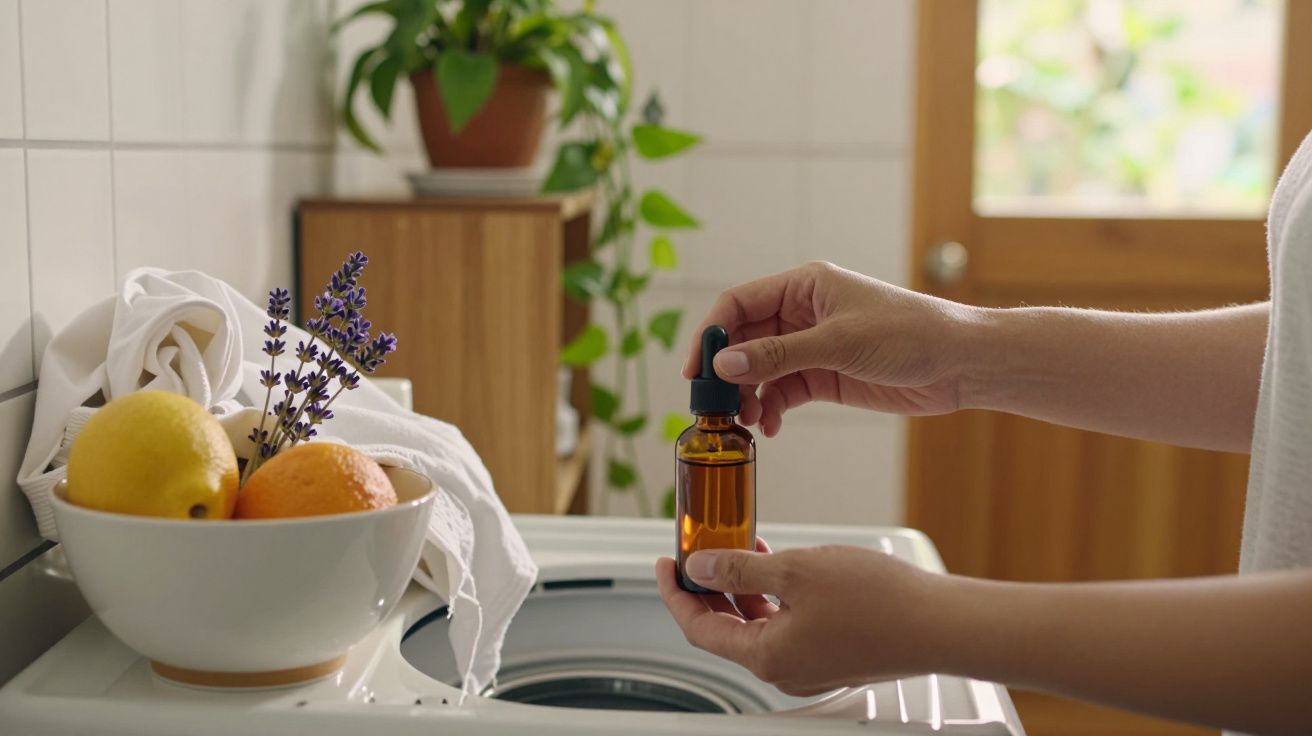 Mãos seguram frasco de óleo essencial sobre máquina de lavar. Ao lado, tigela com laranja, limão e lavanda.