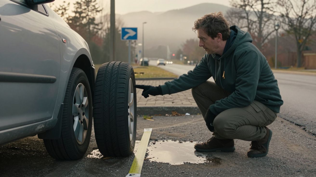 Homem inspeciona pneu de carro em estrada, com fita métrica e poça de água ao lado, em dia nublado.