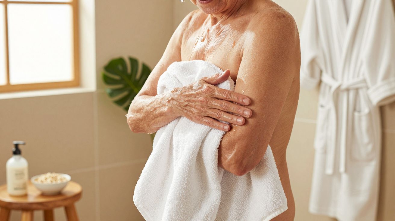 Mulher sênior seca-se com toalha branca num banheiro, ao lado de um roupão pendurado e produtos de cuidado pessoal.