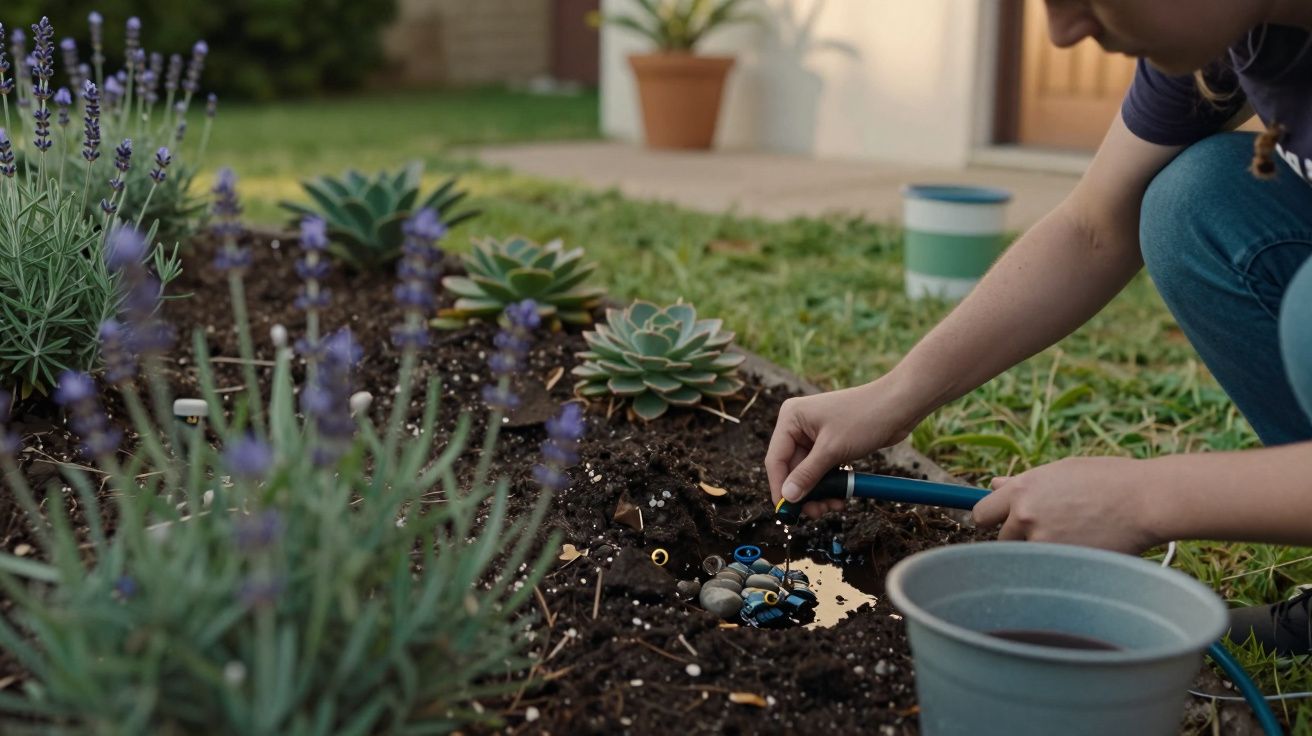 Pessoa a regar um canteiro com lavandas e suculentas num jardim. Balde ao lado, terra preta húmida.