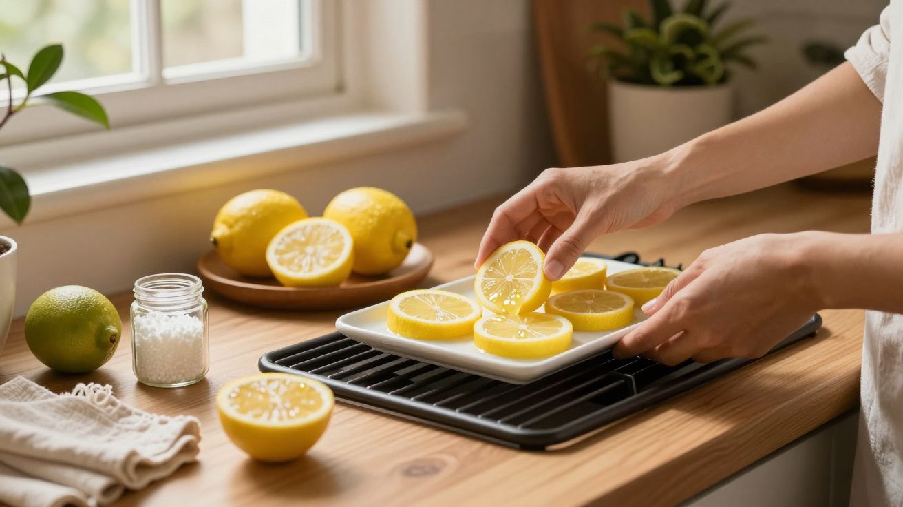 Mãos organizam fatias de limão num prato sobre balcão de madeira, junto a limões inteiros, sal e plantas ao fundo.