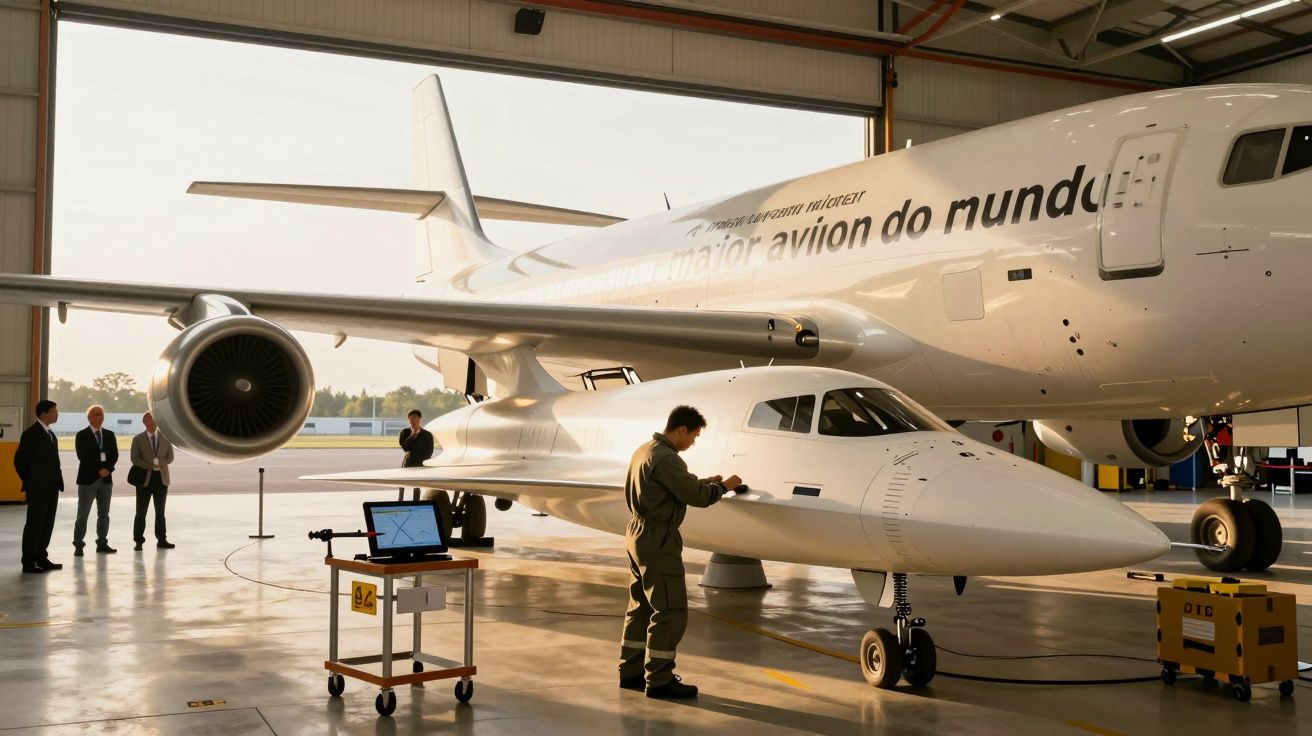 Hangar com avião branco e equipa técnica ao lado, trabalhador mexe no pequeno jato sob a asa do maior.
