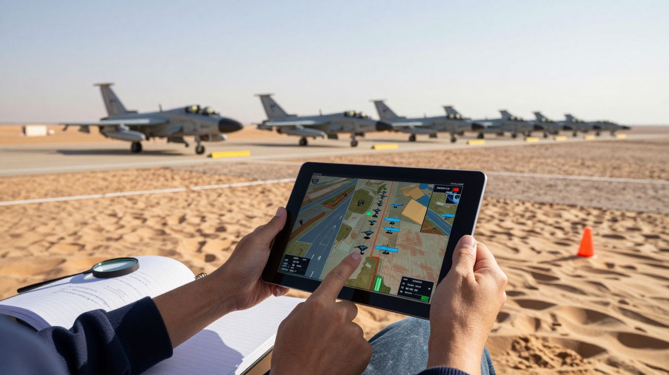 Pessoa segura tablet com mapa de aviões na pista do deserto; em segundo plano, fila de jatos estacionados.