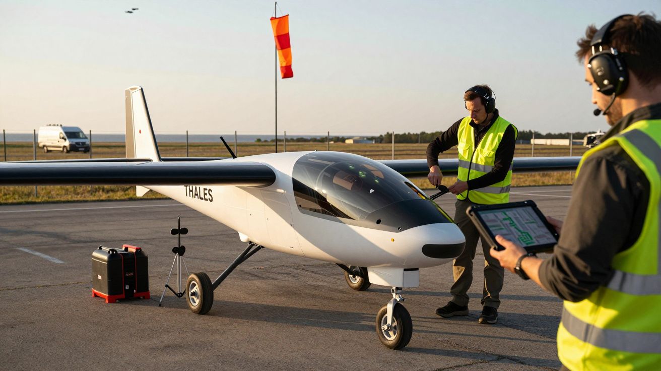 Dois técnicos junto a um avião pequeno na pista, um deles usa um tablet.