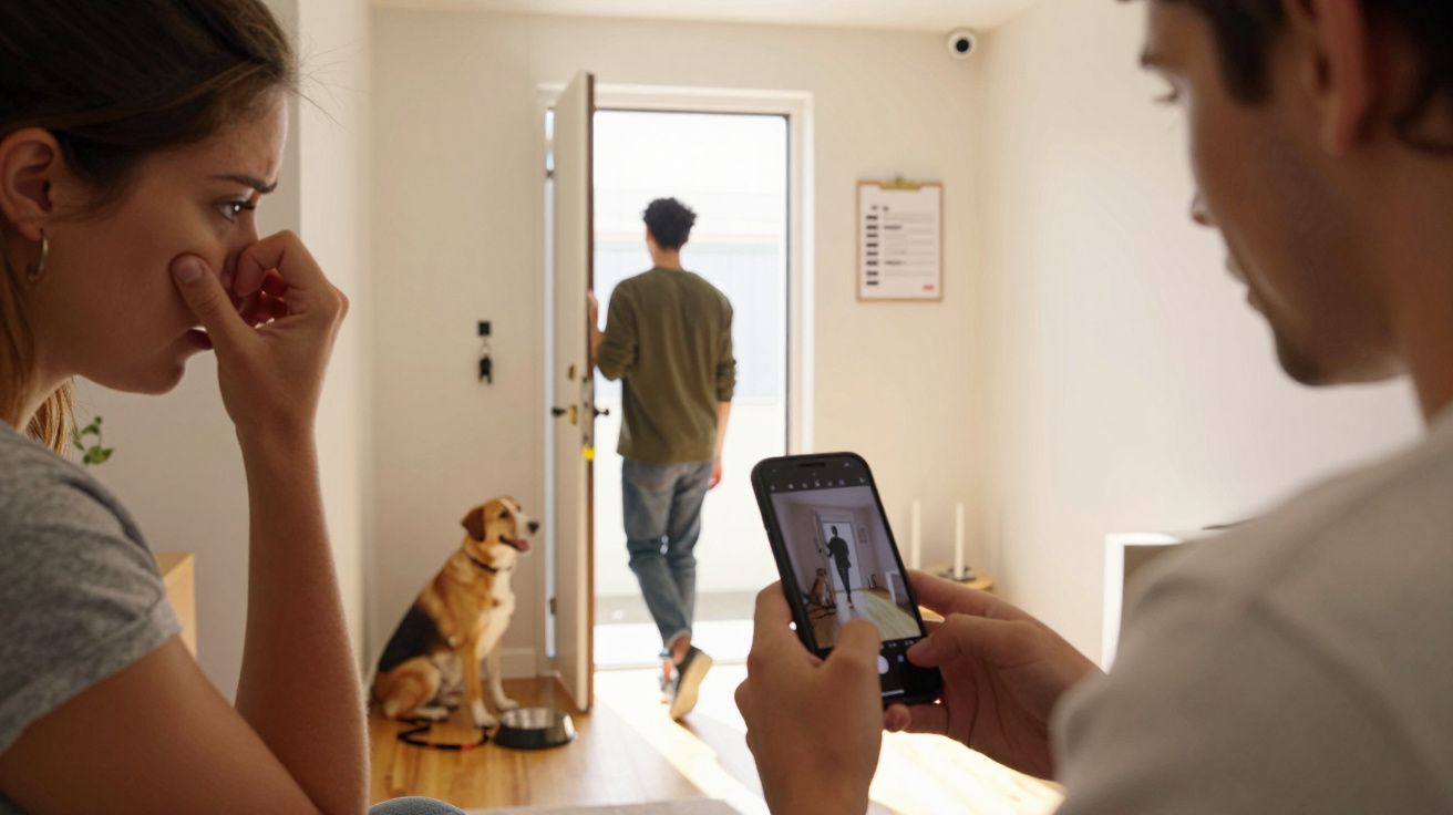 Homem a sair pela porta, enquanto outro fotografa. Mulher preocupada e um cão a observar na sala iluminada.