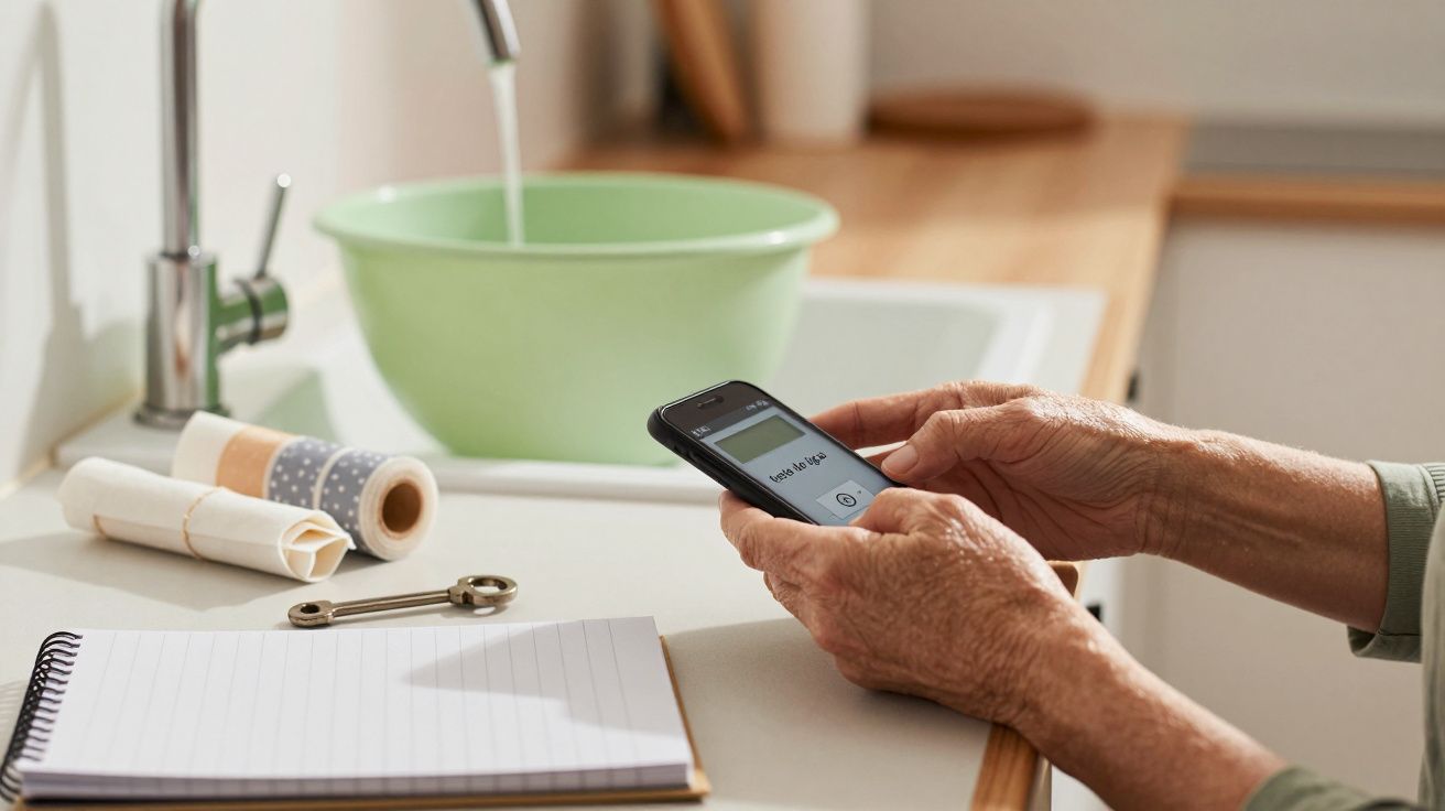 Pessoa a segurar um telemóvel na cozinha, perto de um lava-loiça com água a correr e um caderno em cima do balcão.