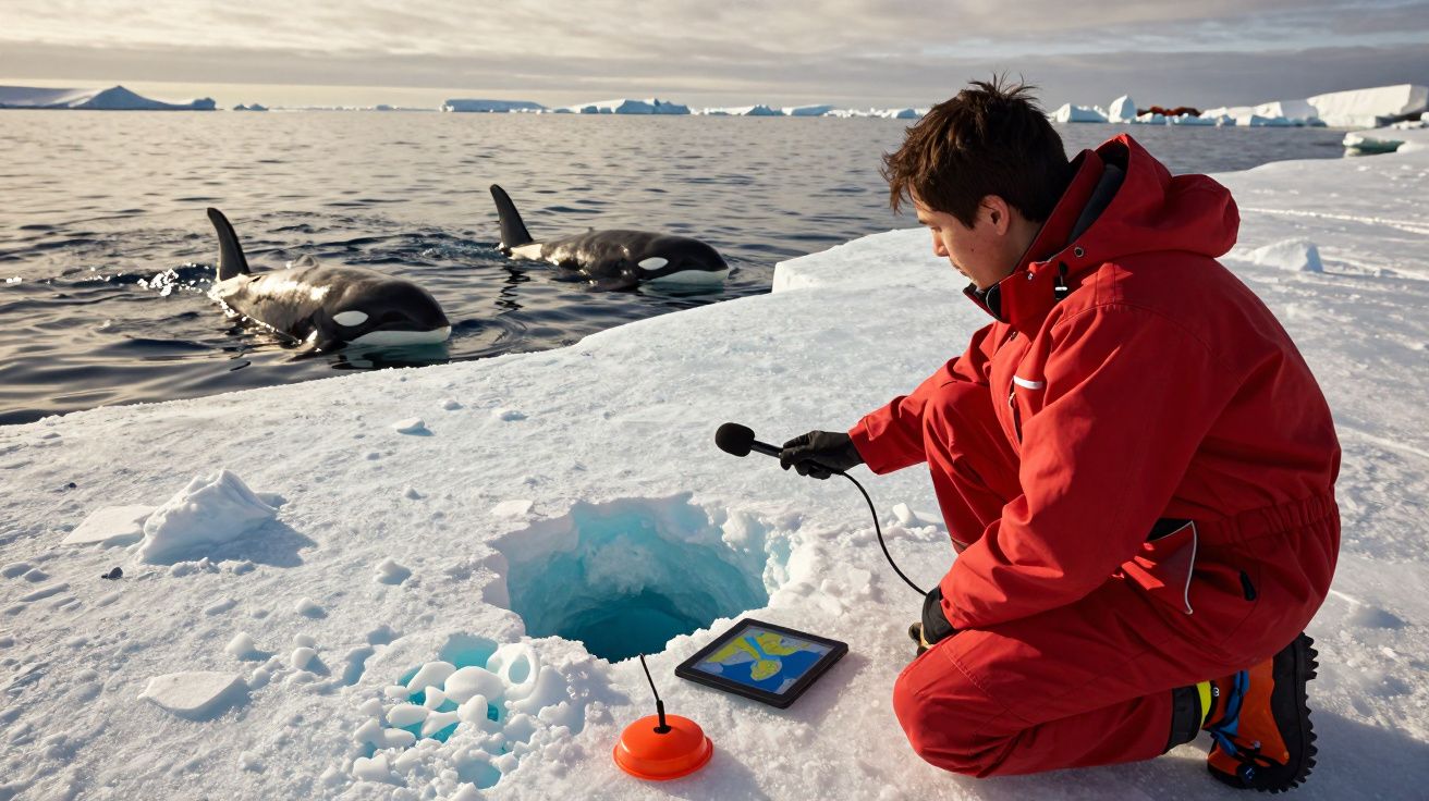 Homem de vermelho grava sons de orcas no gelo ártico, com tablet e microfone, duas orcas nadam ao fundo.