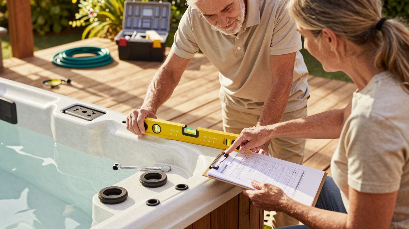 Duas pessoas verificam o nível de uma banheira de hidromassagem com um nível de bolha e uma lista de verificação.