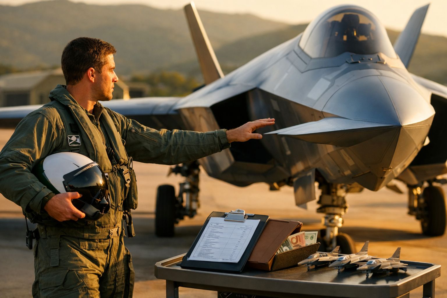 Dois homens discutem aviões num hangar, um em uniforme de voo com capacete, outro aponta para tablet. Modelos na mesa.