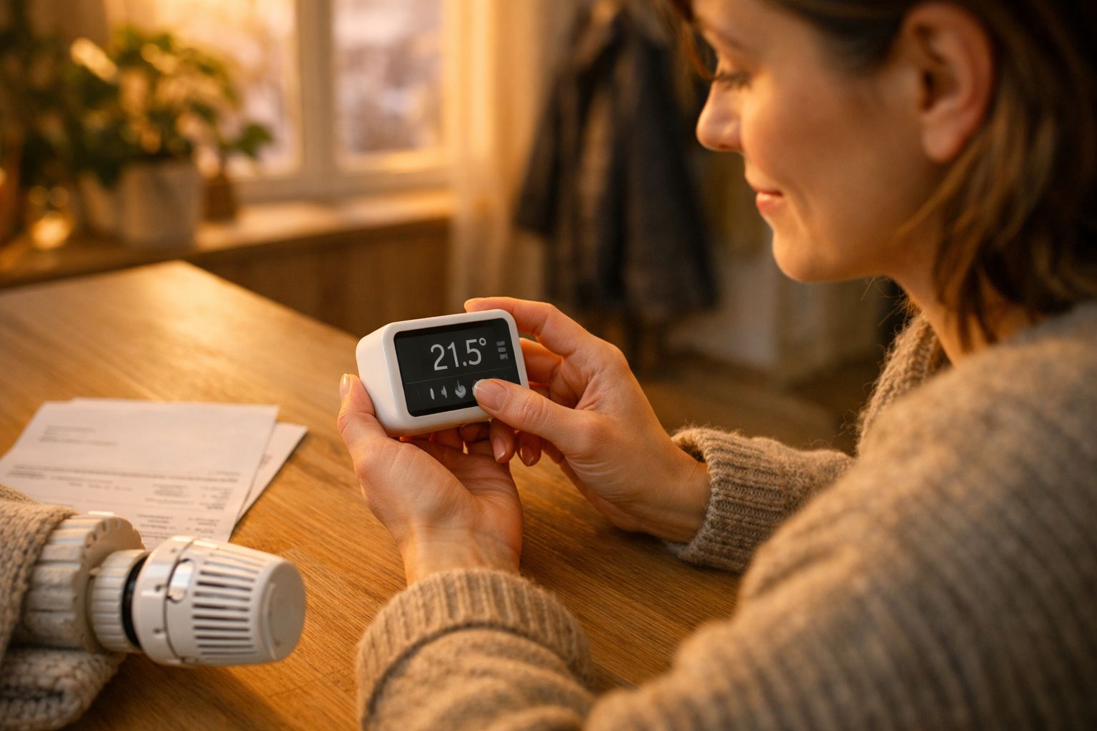 Pessoa ajusta termóstato digital perto de aquecedor com gráfico de consumo no telemóvel, criança desfocada ao fundo.