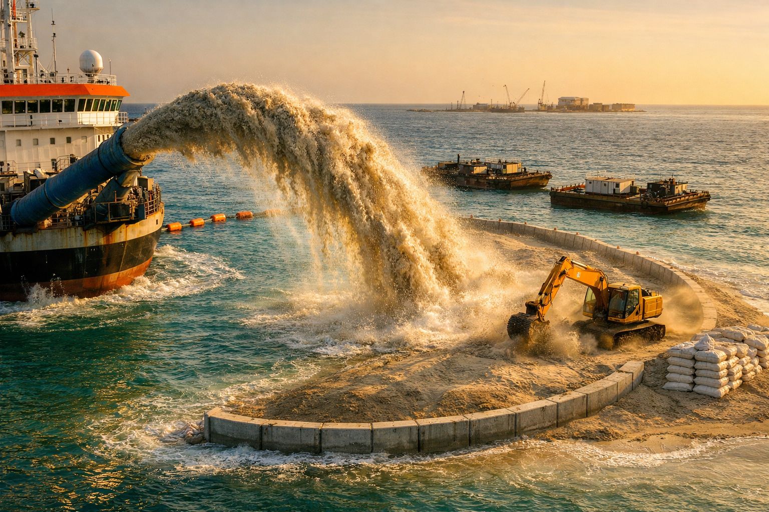 Navio despeja areia no oceano, criando uma nova área de terra, com escavadora ao fundo.