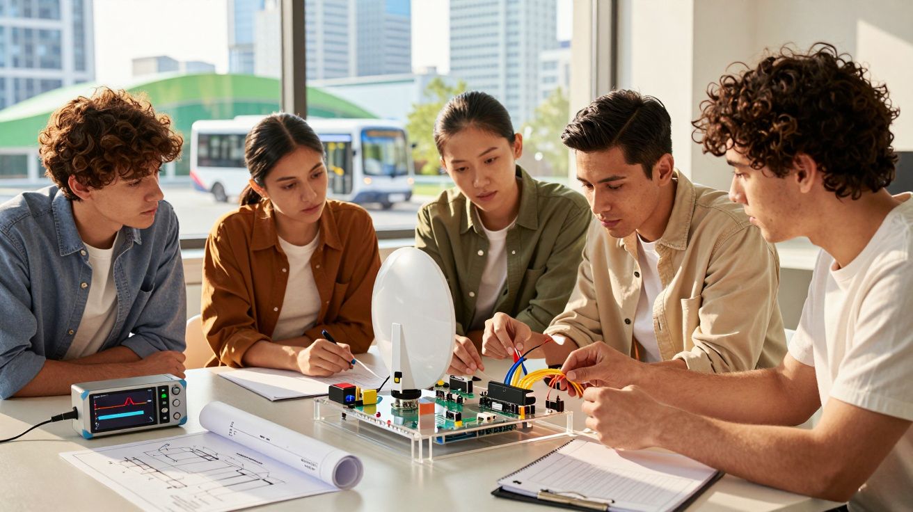 Estudantes discutem projeto de eletrónica com circuito, num laboratório com janelas grandes e vista para a cidade.