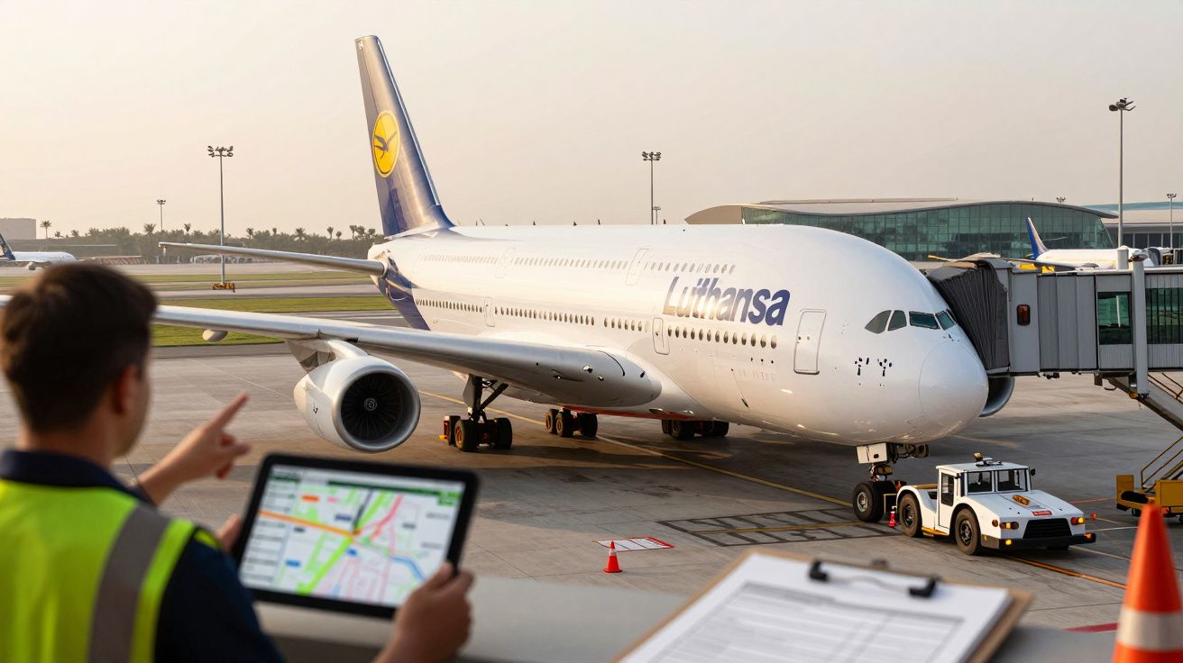 Avião Airbus A380 da Lufthansa no aeroporto, sendo preparado para embarque; operador com tablet em primeiro plano.