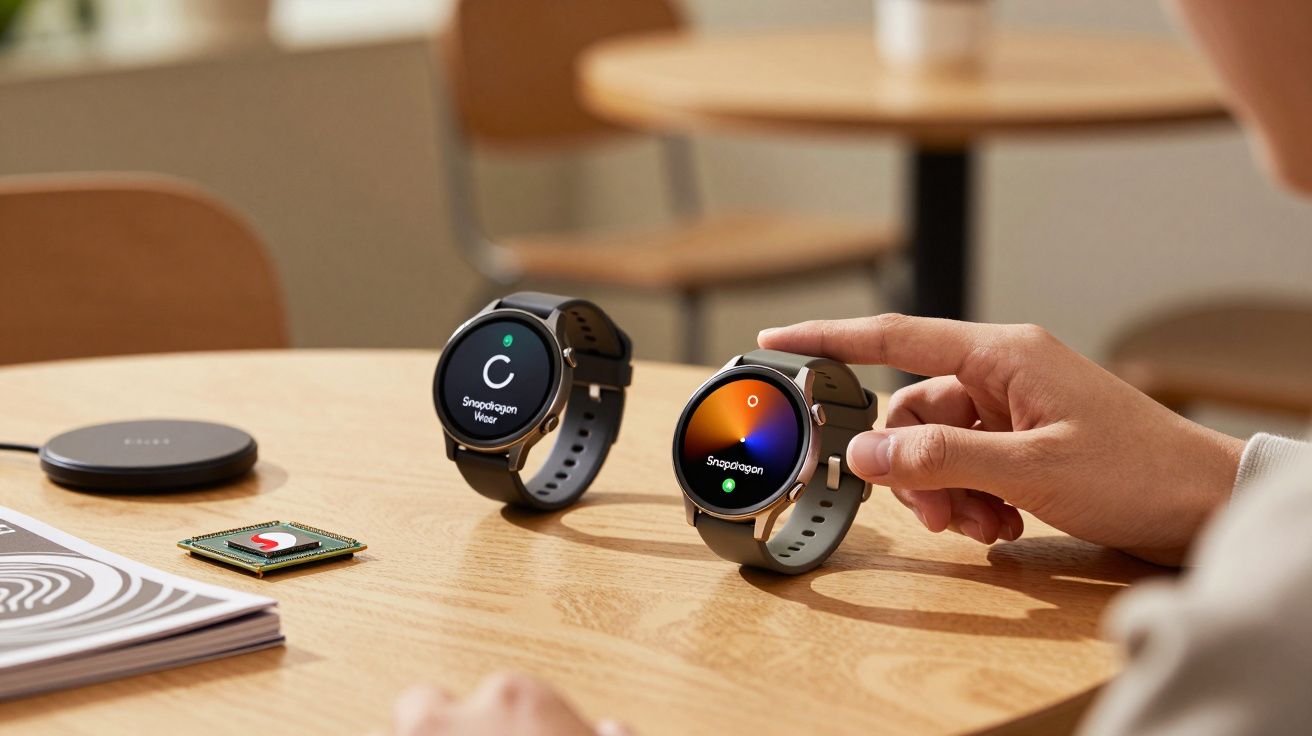 Duas smartwatches em mesa de madeira, uma com ecrã colorido e outra com símbolo do Snapdragon; mão à direita.