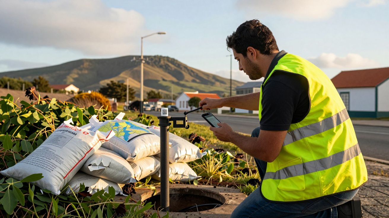 Homem com colete refletor consulta tablet ao lado de pilha de sacos e instrumento, com montanha ao fundo.